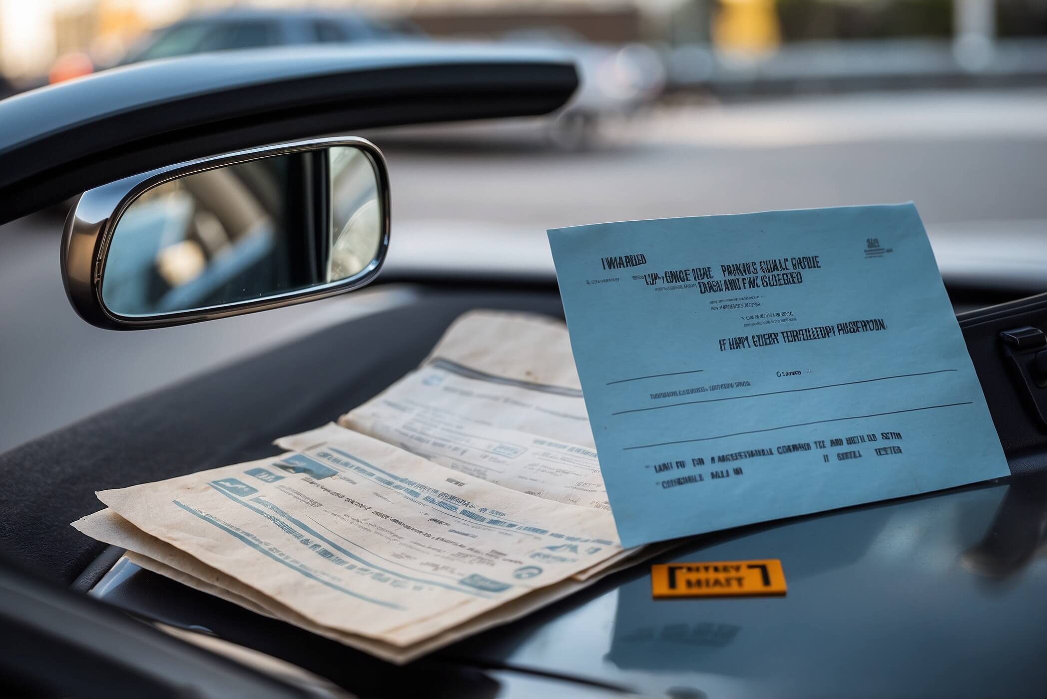 Theme: Driving with Parkinson’s — legal challenges and medical institute evaluations. Create a hyper-realistic photo captured on an iPhone 16 Pro from the driver’s seat of a parked car: in the foreground, the steering wheel and dashboard; on the passenger seat, a tidy arrangement of a plain manila folder with softly blurred heading “Driver Assessment,” a sealed envelope marked “Legal Notice” (text blurred), a small amber prescription bottle with a white cap, car keys, and simple reading glasses. A blue disabled parking placard hangs from the rearview mirror. Natural daylight streams through the windshield with soft shadows, subtle dust on the dashboard, and faint reflections of generic city traffic signs outside (no readable text). Shallow depth of field with the documents in crisp focus and the background softly blurred. Ultra-realistic textures, neutral color grade, natural HDR. Shot details: iPhone 16 Pro main lens, 26mm, f/1.8, 1/120s, ISO 100, 24MP, 4:3. No people, no body parts, no identifiable logos, no personal information, no human reflections.
