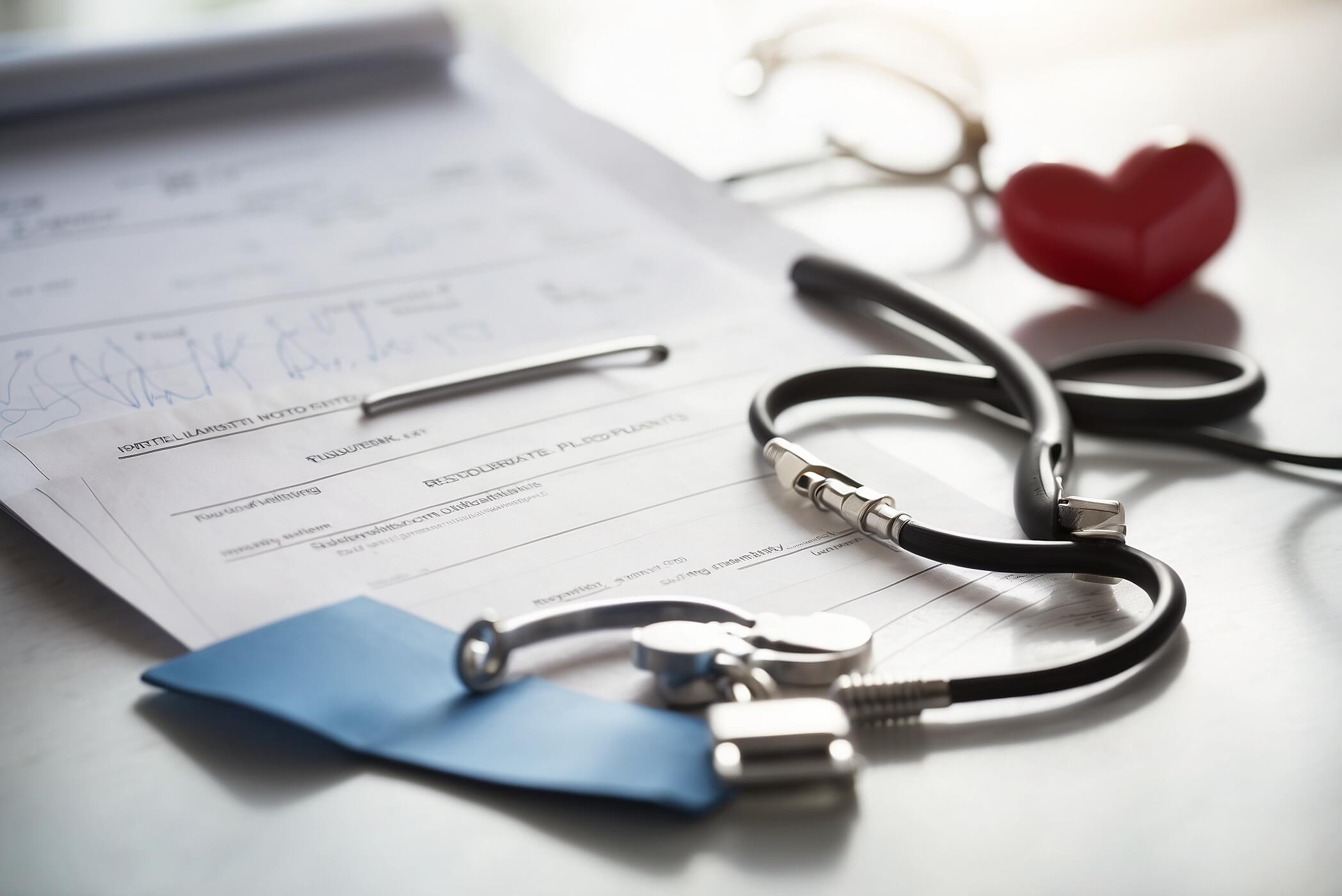 Concept: “Heart patients and driving licenses — does a heart attack necessarily lead to disqualification?” Photorealistic still-life on a clean clinic desk near a window: a neatly coiled stethoscope, a folded ECG printout with subtle red heart-rate lines, a generic blank driver’s license card (no logos, no readable text), and a modern car key fob resting on a clipboard with softly blurred medical forms. In the background, through the window, a parked car is visible as a tasteful bokeh silhouette; a small, out-of-focus road sign adds context. Natural morning light with gentle reflections on polished surfaces, shallow depth of field, realistic textures, micro-scratches on the desk, soft shadows, neutral palette with hints of blue and steel. Shot as if captured on an iPhone 16 Pro, 26mm lens, f/1.8, ISO 50, HDR, high dynamic range, crisp detail, lifelike color accuracy. No people, no body parts, no brands, no legible text, no logos.