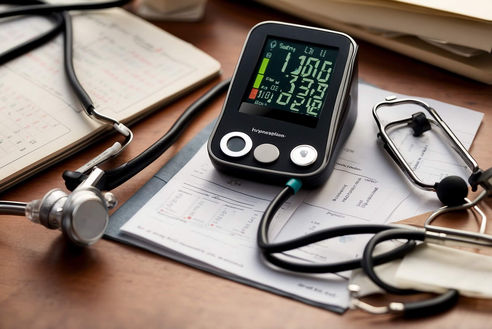 Ultra-realistic iPhone 16 Pro photo of a medical office desk scene focused on hypertension and policy decisions: a digital blood pressure monitor with cuff (no brand), screen showing 158/96 mmHg; a clipboard with official forms titled “Hypertension and Its Impact on Medical Institute Decisions”; a rubber stamp and ink pad with one form stamped “Approved” and another “Denied”; a neutral-labeled prescription bottle; a coiled stethoscope; a guideline booklet and wall calendar softly blurred in the background. Natural morning window light, soft shadows, subtle paper texture, slight wear on document edges, faint coffee ring on the desk, tiny dust specks catching light for authenticity. Shot on iPhone 16 Pro, 48MP, f/1.8, 35mm equivalent, ISO 80, HDR, shallow depth of field, realistic color grading. Objects only—no people, no body parts, no logos, medically related still life, photorealistic.