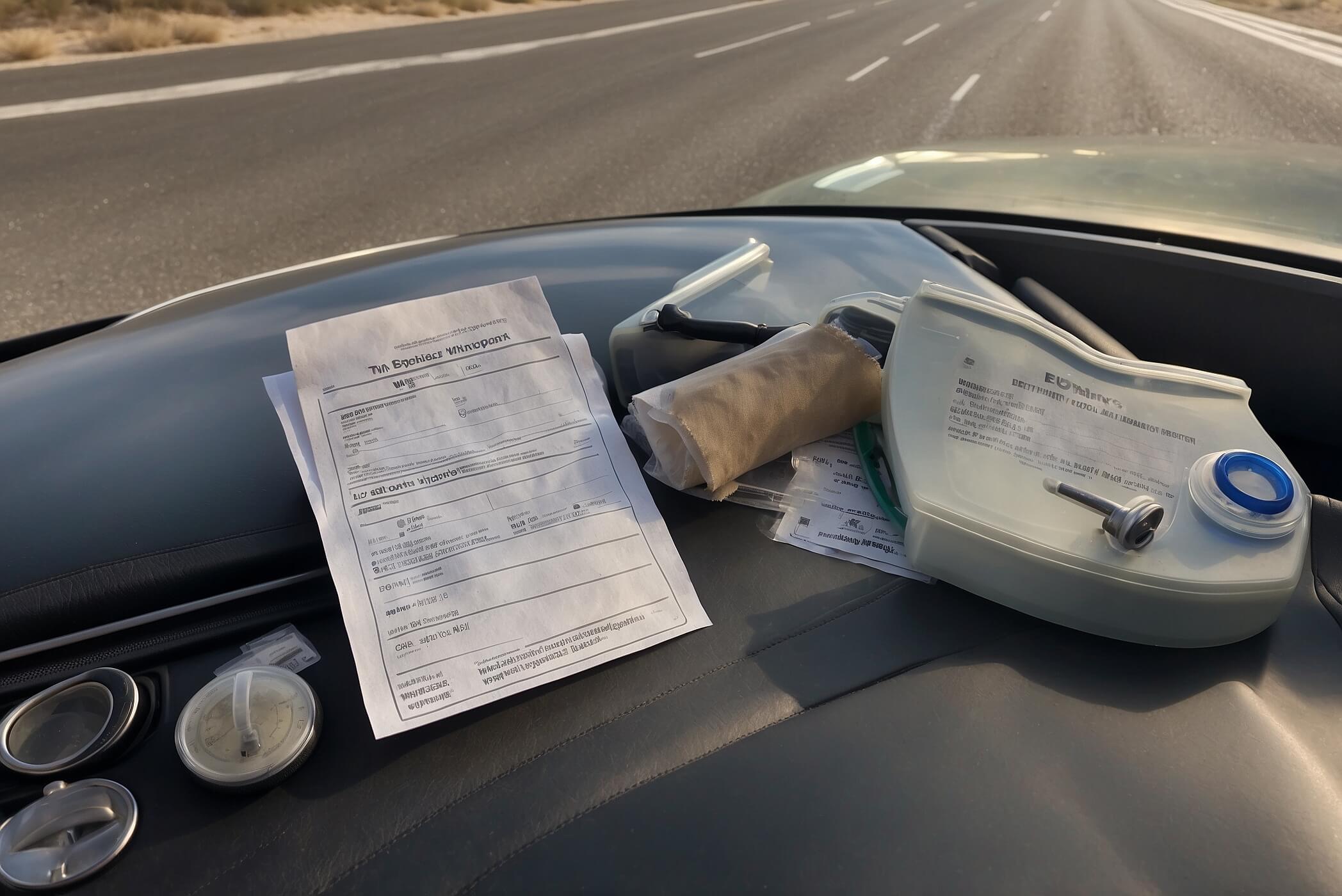 Ultra-realistic photo captured on an iPhone 16 Pro (48MP, 26mm wide lens, natural HDR). Parked car interior with empty seats and no people. On the passenger seat: a neatly arranged folder titled “Driving After Organ Transplant — What to Know About the Medical Institute for Road Safety (Israel)” (title slightly out of focus), a doctor’s clearance form with personal details tastefully blurred, a weekly pill organizer, and a sealed prescription bottle with a generic label. In the center console: car keys and a pen. Soft morning sunlight through the windshield creates gentle highlights and natural shadows; subtle dust on the dashboard, realistic materials and stitching, true-to-life colors, shallow depth of field, documentary realism. No logos, no faces, no body parts, no brand names.