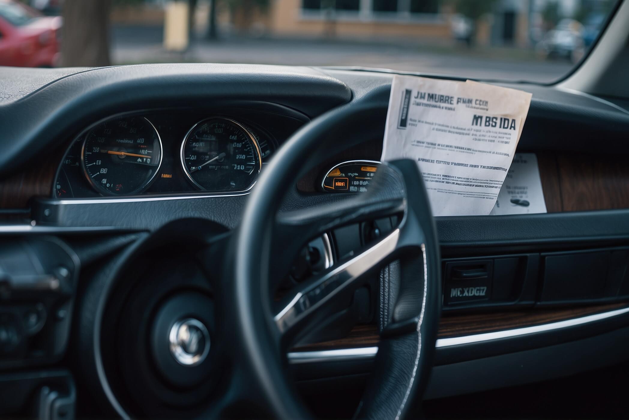 Multiple Sclerosis and Fitness to Drive — Balancing Health and Rights. Realistic iPhone 16 Pro photo taken inside a parked car at golden hour: close-up of the steering wheel and dashboard with a blue disabled parking placard hanging from the rear-view mirror, a brochure on the center console titled “Multiple Sclerosis (MS) — Driver Fitness Guidelines,” car keys and eyeglasses neatly arranged beside it. Through the windshield, softly blurred accessible parking markings and a road sign. Natural window light, gentle HDR, subtle reflections on glass, raindrop bokeh, crisp textures on leather and paper. 35mm equivalent, f/1.8, Apple ProRAW look, true-to-life color, shallow depth of field. No people, no body parts, no faces, no personal data, no brand logos.