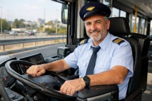**Alt text:** `Realistic landscape image of a bus driver sitting in the driver’s seat of a modern bus