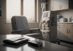 Ultra-realistic iPhone 16 Pro photo: a quiet dialysis clinic still life. Foreground: a leather wallet with a generic, non-readable driver’s license card peeking out and an unbranded car key fob resting on a polished counter. Midground: a modern dialysis machine idle with neatly coiled tubing, beside an empty medical recliner. Background: softly lit window blinds and clean clinical cabinetry. Soft morning natural light, subtle reflections, realistic textures. No people, no body parts, no logos, no readable text, no watermarks. Composition with shallow depth of field: crisp focus on wallet and keys, gentle bokeh toward the dialysis machine. Shot style: 24mm, f/1.8, ISO 80, 1/120s, HDR, ProRAW, natural color and contrast.