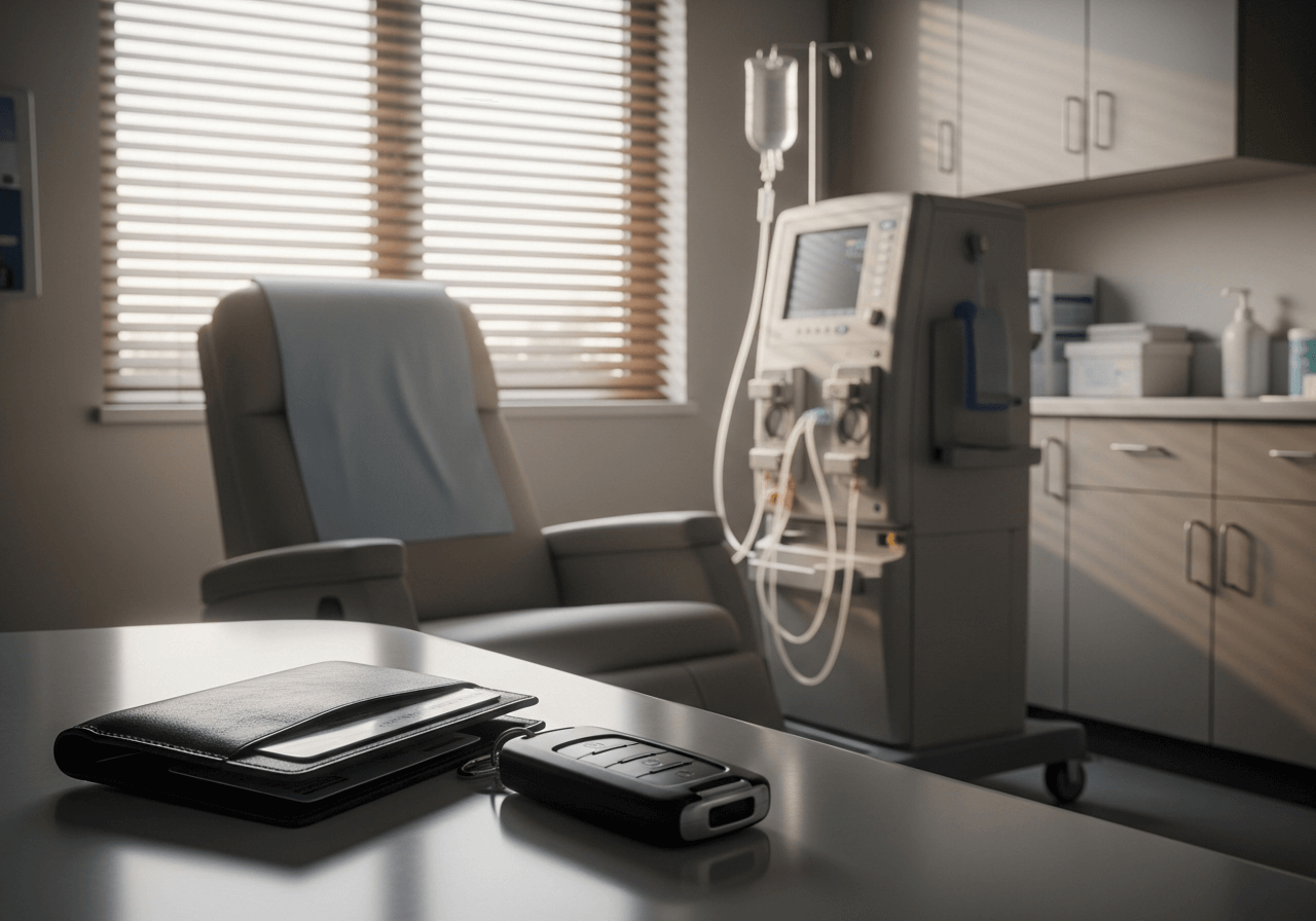 Ultra-realistic iPhone 16 Pro photo: a quiet dialysis clinic still life. Foreground: a leather wallet with a generic, non-readable driver’s license card peeking out and an unbranded car key fob resting on a polished counter. Midground: a modern dialysis machine idle with neatly coiled tubing, beside an empty medical recliner. Background: softly lit window blinds and clean clinical cabinetry. Soft morning natural light, subtle reflections, realistic textures. No people, no body parts, no logos, no readable text, no watermarks. Composition with shallow depth of field: crisp focus on wallet and keys, gentle bokeh toward the dialysis machine. Shot style: 24mm, f/1.8, ISO 80, 1/120s, HDR, ProRAW, natural color and contrast.