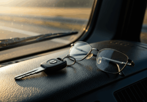 A photorealistic macro shot taken with an iPhone 16 Pro, capturing a heavy-duty truck ignition key and a pair of professional eyeglasses resting on a dark, textured leather dashboard inside a truck cabin. Soft morning sunlight streams in, creating realistic shadows and high-contrast highlights on the metal key and glass lenses. In the background, a highly blurred bokeh view of a highway through the windshield. High dynamic range, sharp details, raw photo aesthetic, neutral colors, 8k resolution, no people, no text.