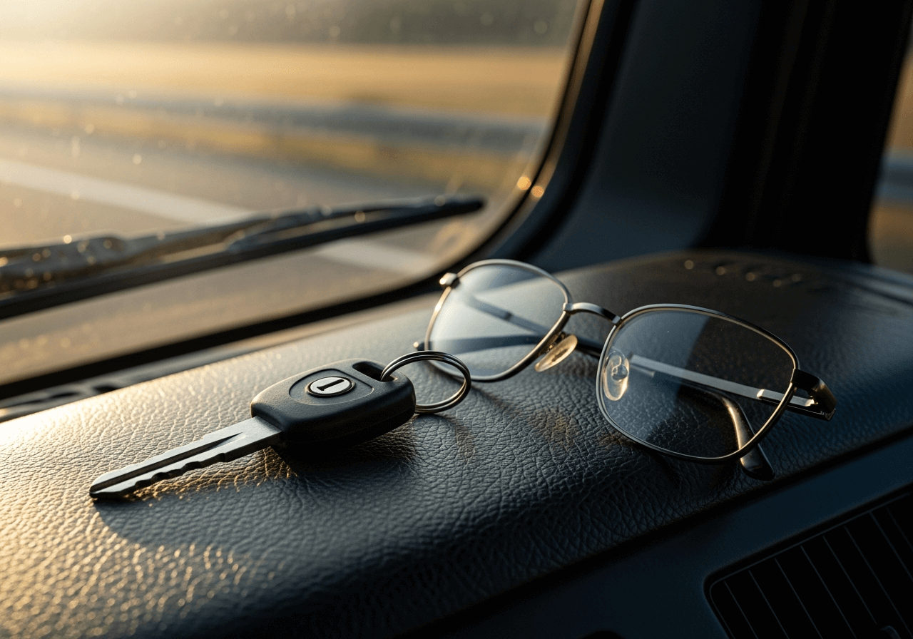 A photorealistic macro shot taken with an iPhone 16 Pro, capturing a heavy-duty truck ignition key and a pair of professional eyeglasses resting on a dark, textured leather dashboard inside a truck cabin. Soft morning sunlight streams in, creating realistic shadows and high-contrast highlights on the metal key and glass lenses. In the background, a highly blurred bokeh view of a highway through the windshield. High dynamic range, sharp details, raw photo aesthetic, neutral colors, 8k resolution, no people, no text.