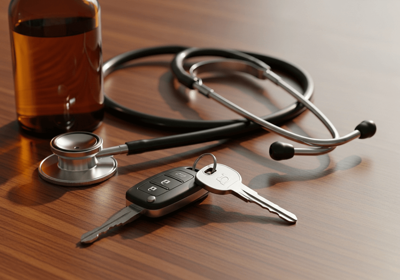 A hyper-realistic close-up shot taken with an iPhone 16 Pro, featuring a set of modern car keys resting on a sleek wooden doctor's desk next to a professional stethoscope and a generic amber medicine bottle with no labels. The lighting is soft and natural, streaming from a side window to create authentic shadows and highlights on the metallic surfaces. High-quality texture details on the wood grain and the rubber of the stethoscope, shallow depth of field, 8k resolution, raw photography style, absolutely no text, no people, no hands.