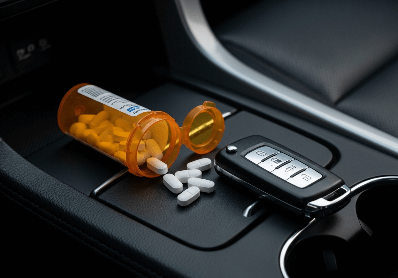 A hyper-realistic close-up shot taken with an iPhone 16 Pro, focusing on a dark leather car center console. On the textured leather surface lies an orange prescription pill bottle with a few white tablets spilled out next to a modern electronic car key fob. The lighting is moody and natural, resembling early evening ambient light filtering into the vehicle, creating subtle reflections on the keys. High definition textures on the leather grain and the plastic bottle. Shallow depth of field with the car's dashboard and windshield visible but softly blurred in the background. No text, no people, raw photography style.